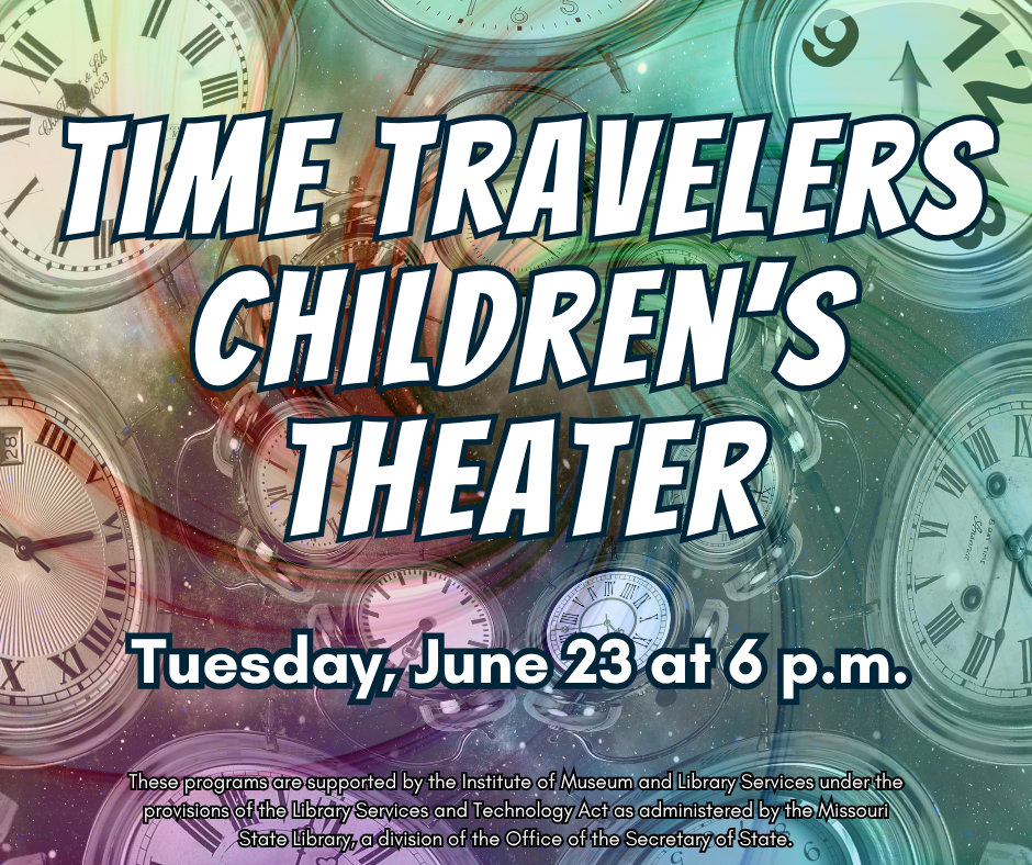 Clocks swirl on a multicolored background. Time Travelers Children's Theater. Tuesday, June 23 at 6 p.m.